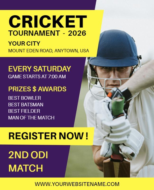 Vibrant Yellow Cricket Tournament Announcement Poster Template