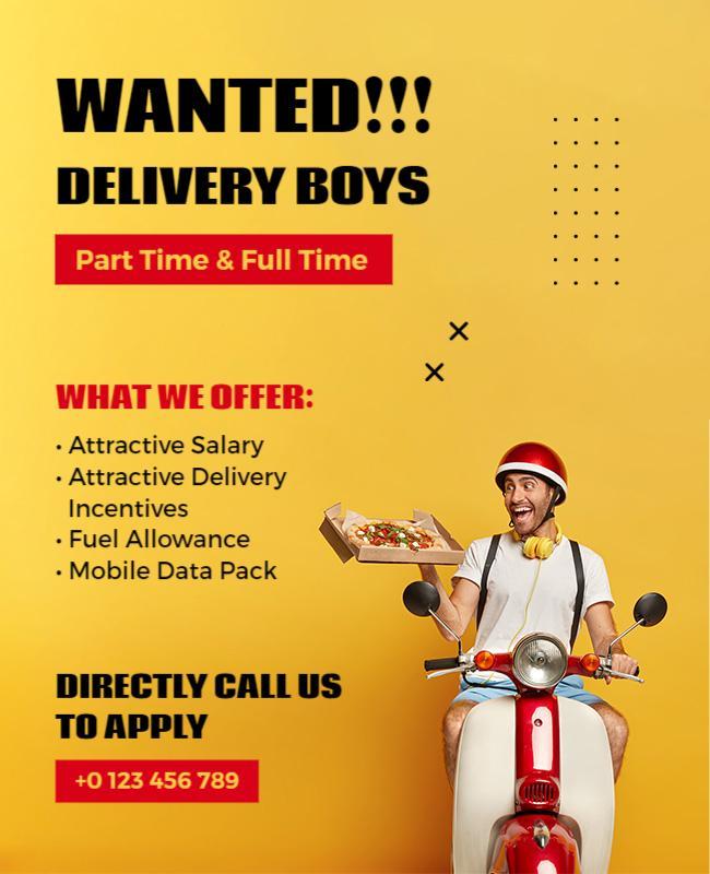 Vibrant Yellow Delivery Boys Recruitment Job Poster Template