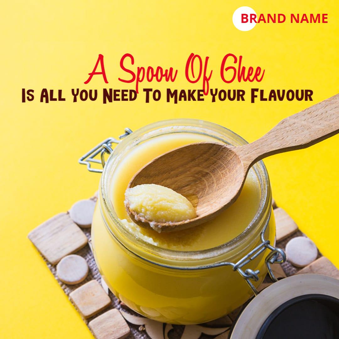 Vibrant Yellow Ghee Jar with Spoon for Flavor Enhancement Ad Template
