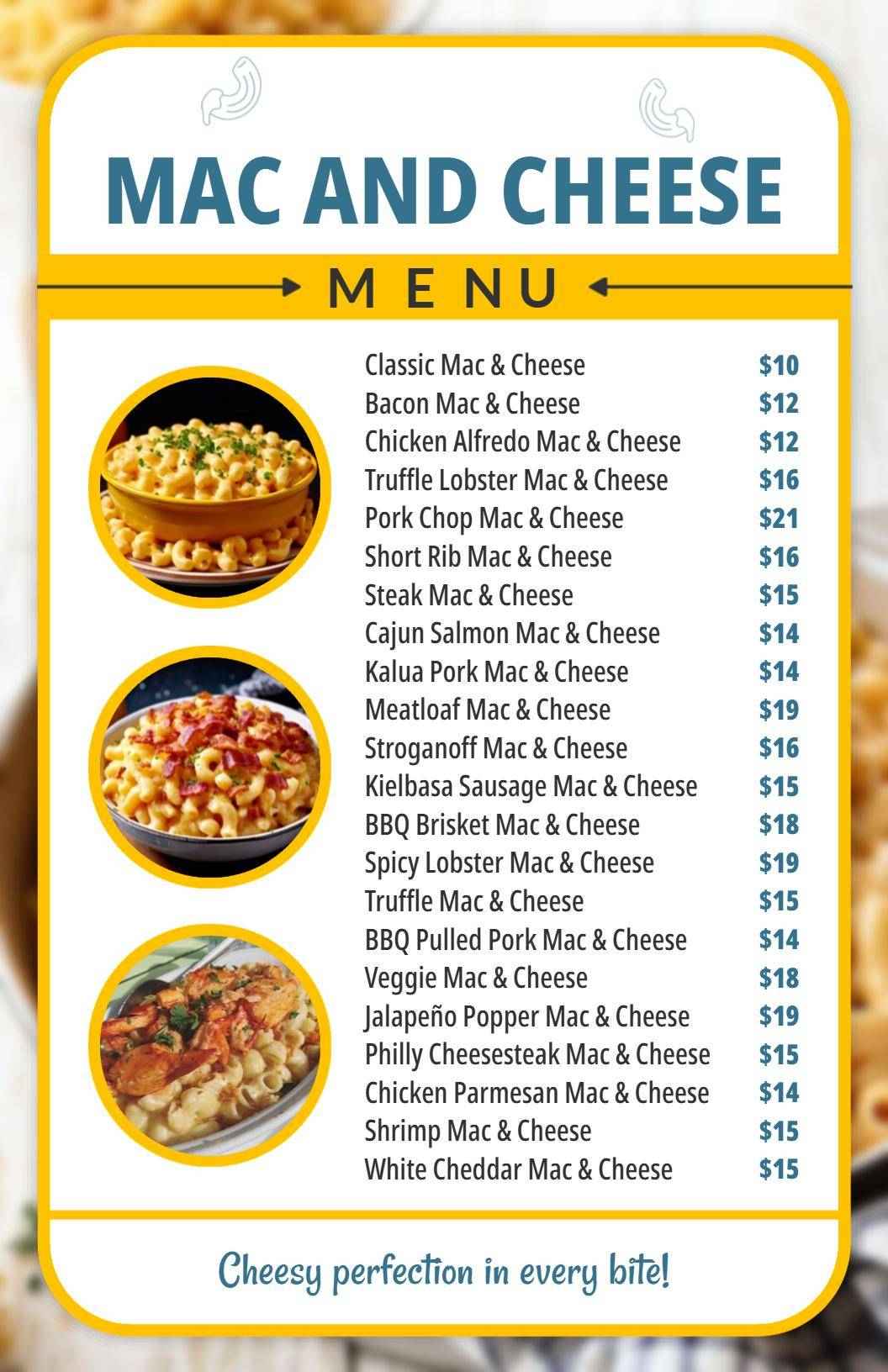 Vibrant Yellow Gourmet Mac and Cheese Menu Template