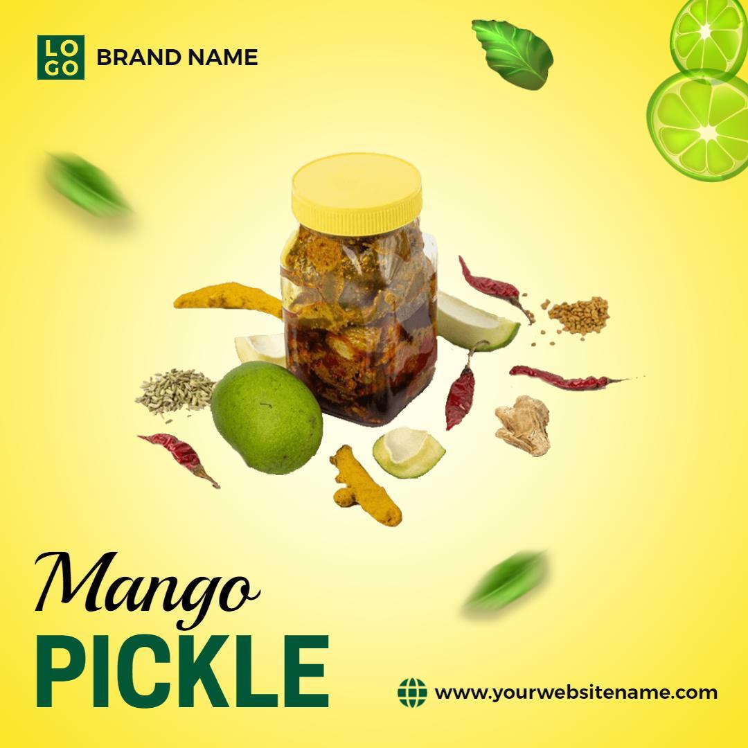 Vibrant Yellow Mango Pickle Jar with Spices Ad Template