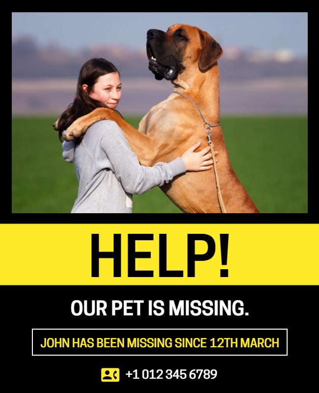 Vibrant Yellow Missing Pet Announcement Poster Template