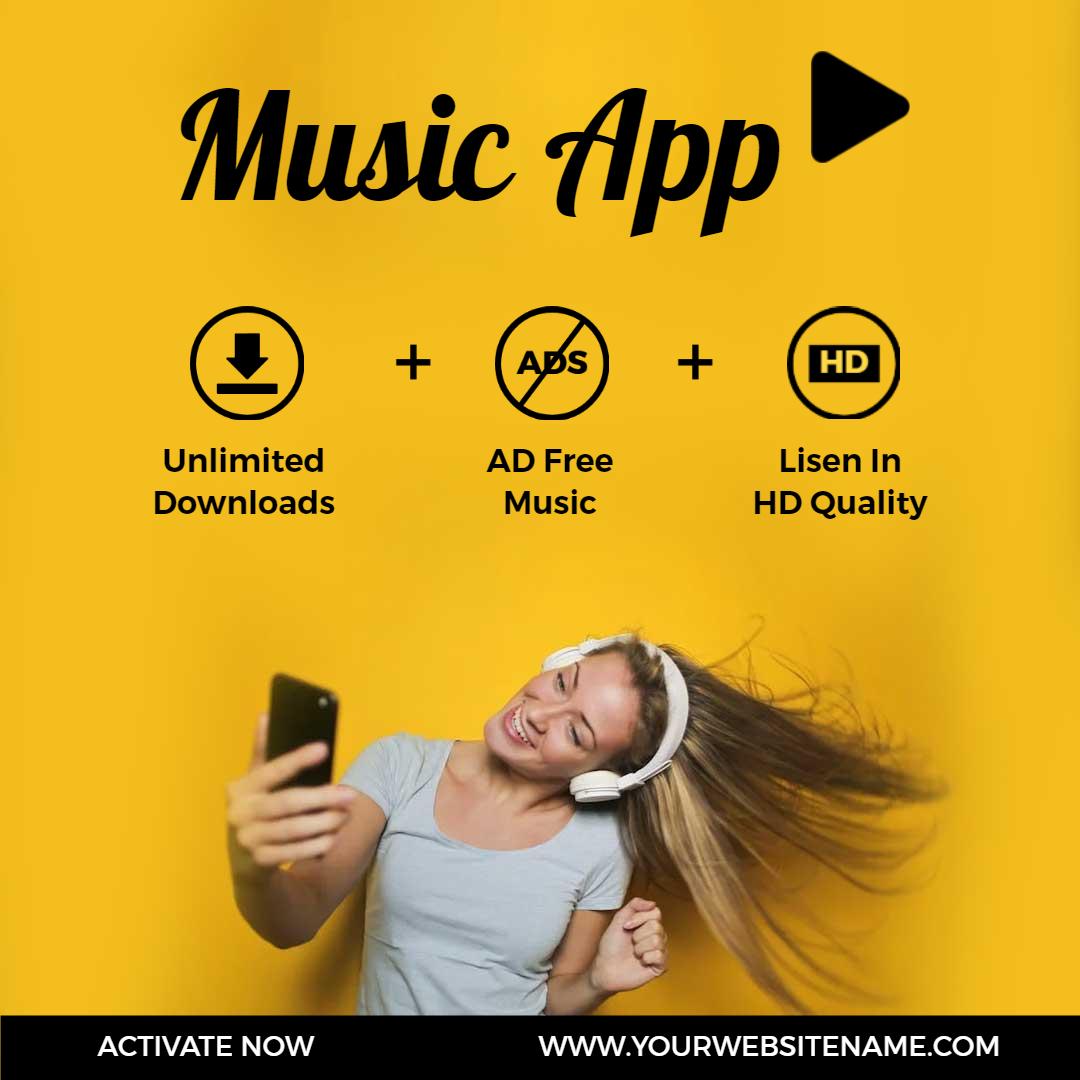 Vibrant Yellow Music App with Unlimited Downloads Ad Template