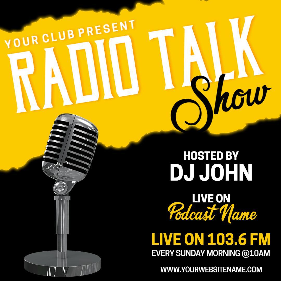 Vibrant Yellow Radio Talk Show Promotion with Microphone Ad Template