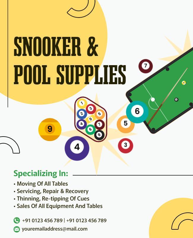 Vibrant Yellow Snooker and Pool Supplies Service Poster Template