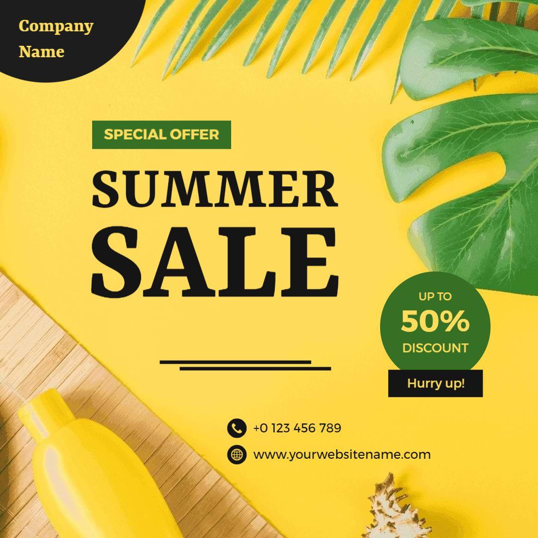 Vibrant Yellow Summer Sale with Tropical Elements Ad Template