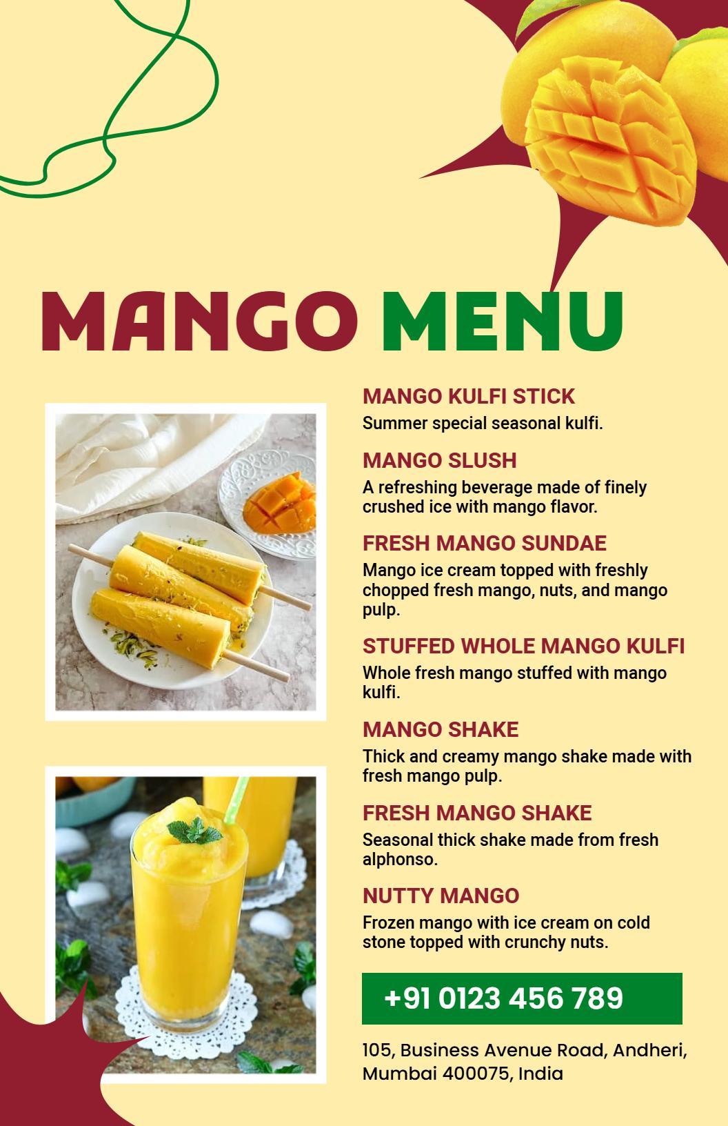 Vibrant Yellow Tropical Mango Menu Template