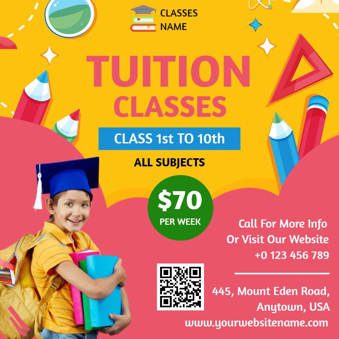 Vibrant Yellow Tuition Classes for Grades 1 to 10 Ad Template