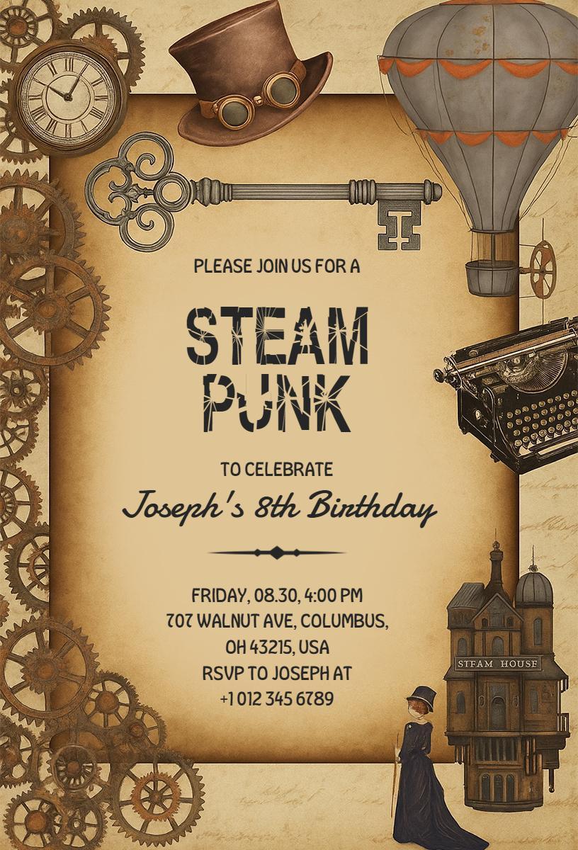Victorian Steampunk 8th Birthday Celebration Invitation Template