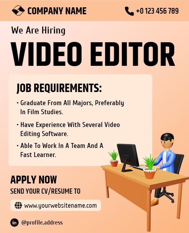 Video Editor Job Vacancy Announcement Flyer Template