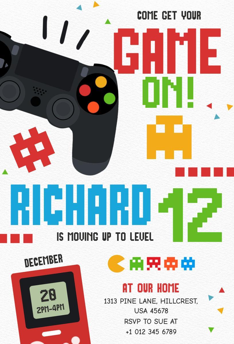 Video Game Theme 12th Birthday Celebration Invitation Template