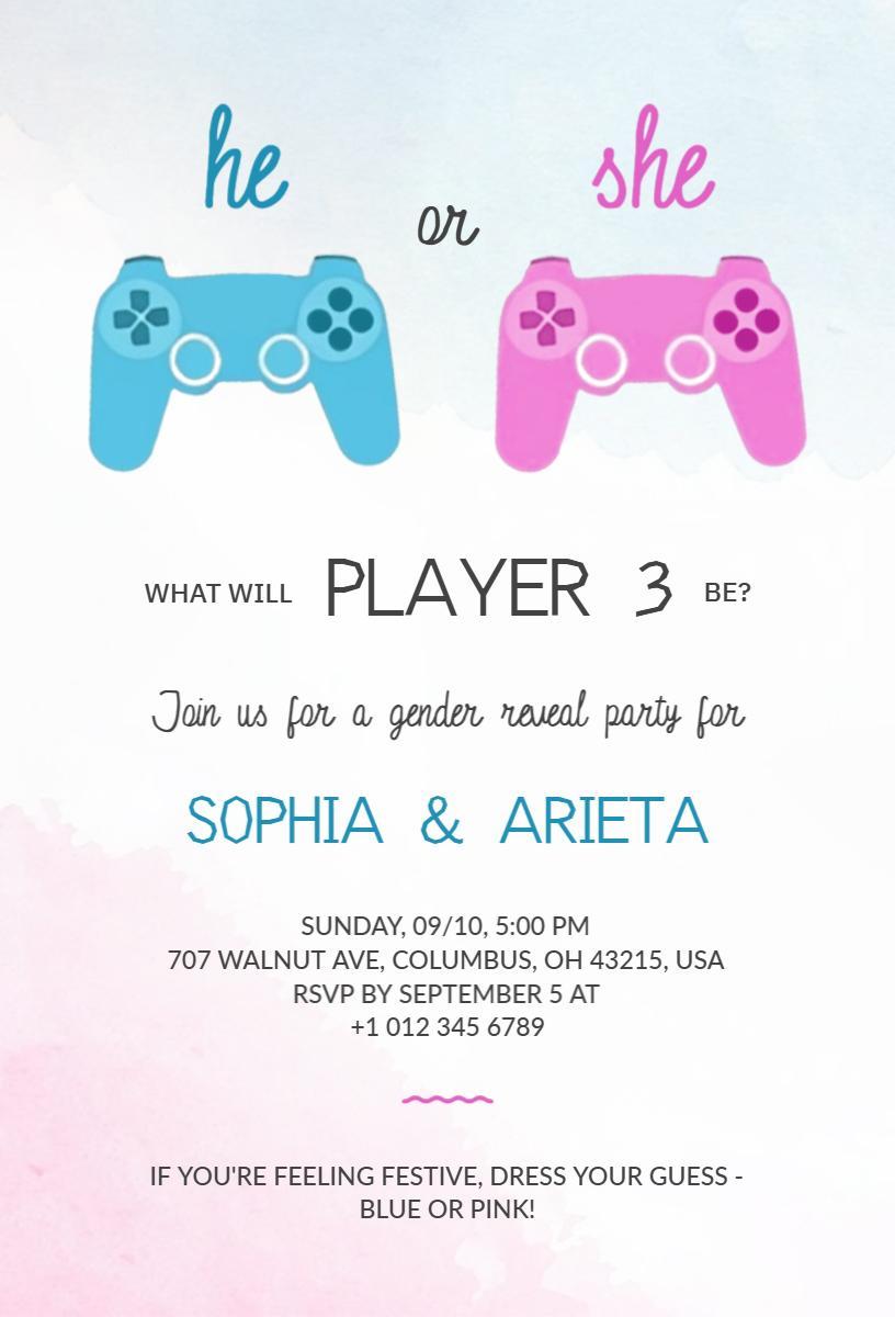 Video Game Themed Gender Reveal Celebration Invitation Template