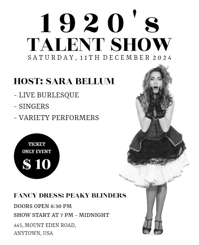 Vintage Black and White 1920's Talent Show Poster Template