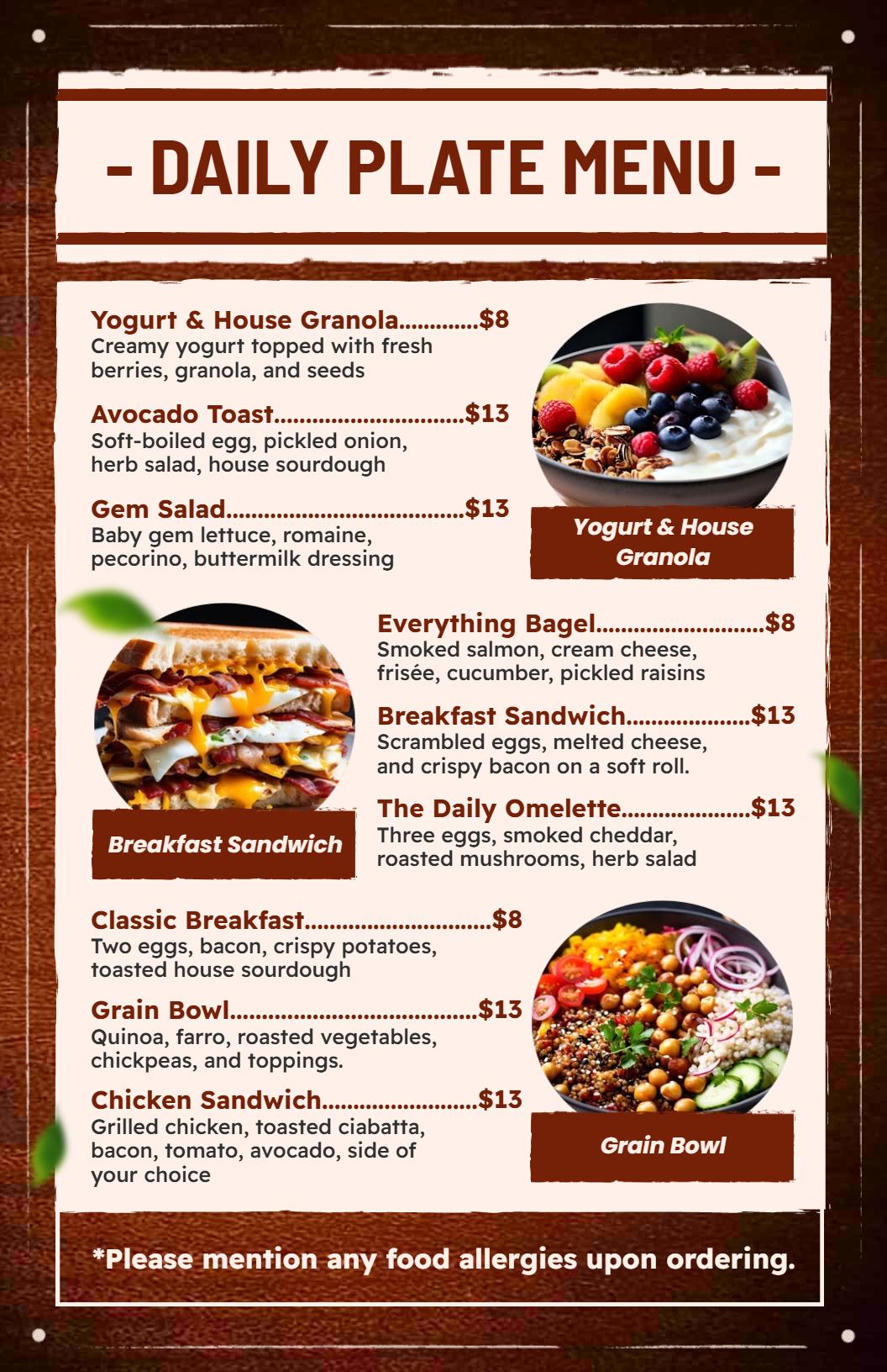 Vintage Brown Daily Plate Dining Options Menu Template