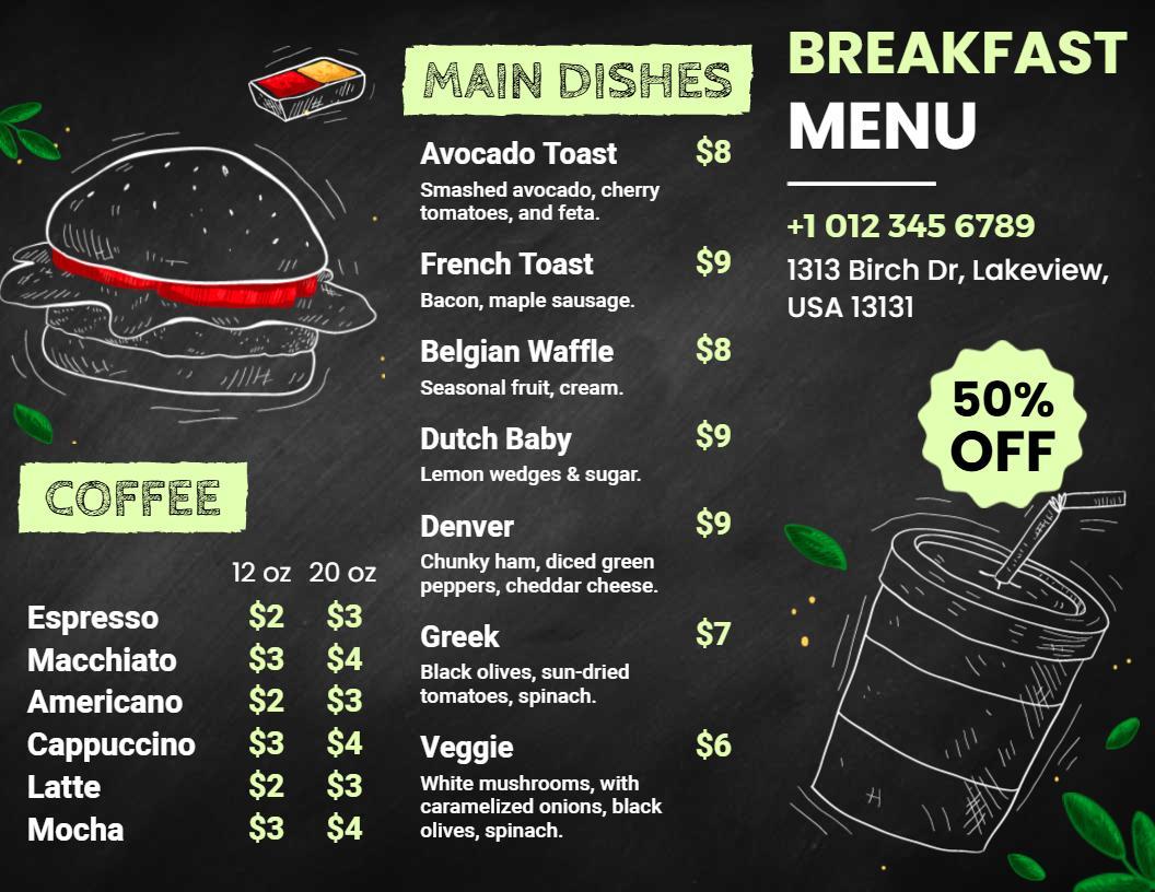 Vintage Chalkboard Breakfast Menu Template