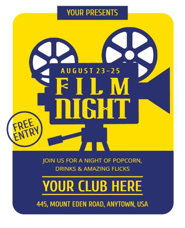 Vintage Cinematic Yellow Film Night Celebration Poster Template