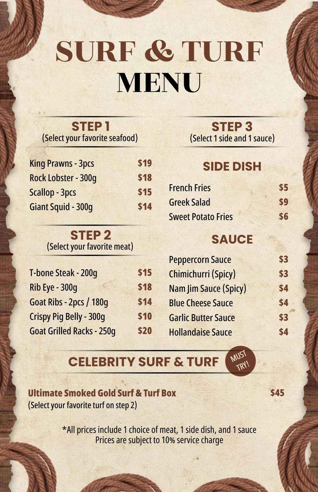 Vintage Maritime Style Surf & Turf Offerings Menu Template