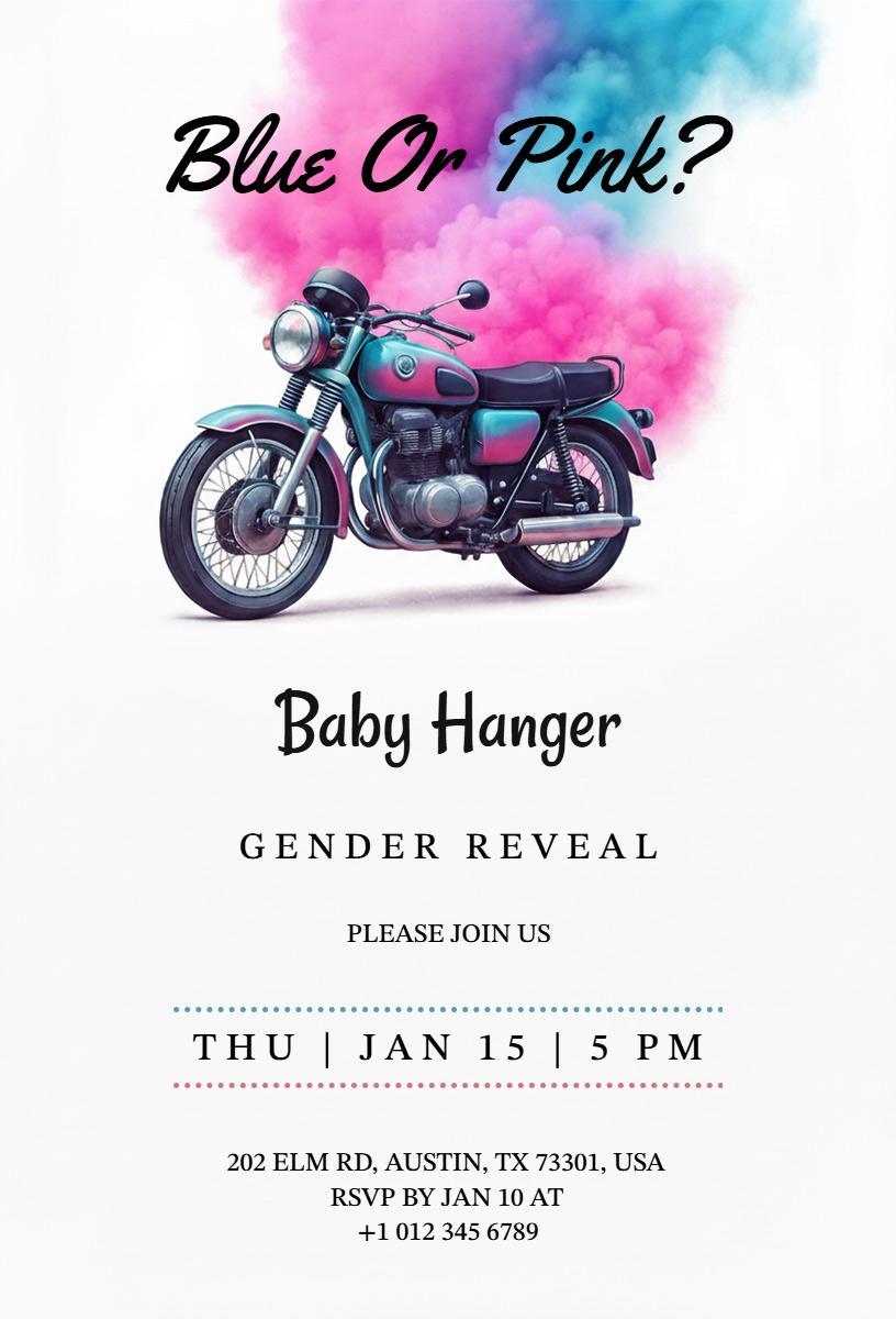 Vintage Motorcycle Blue or Pink Gender Reveal Invitation Template