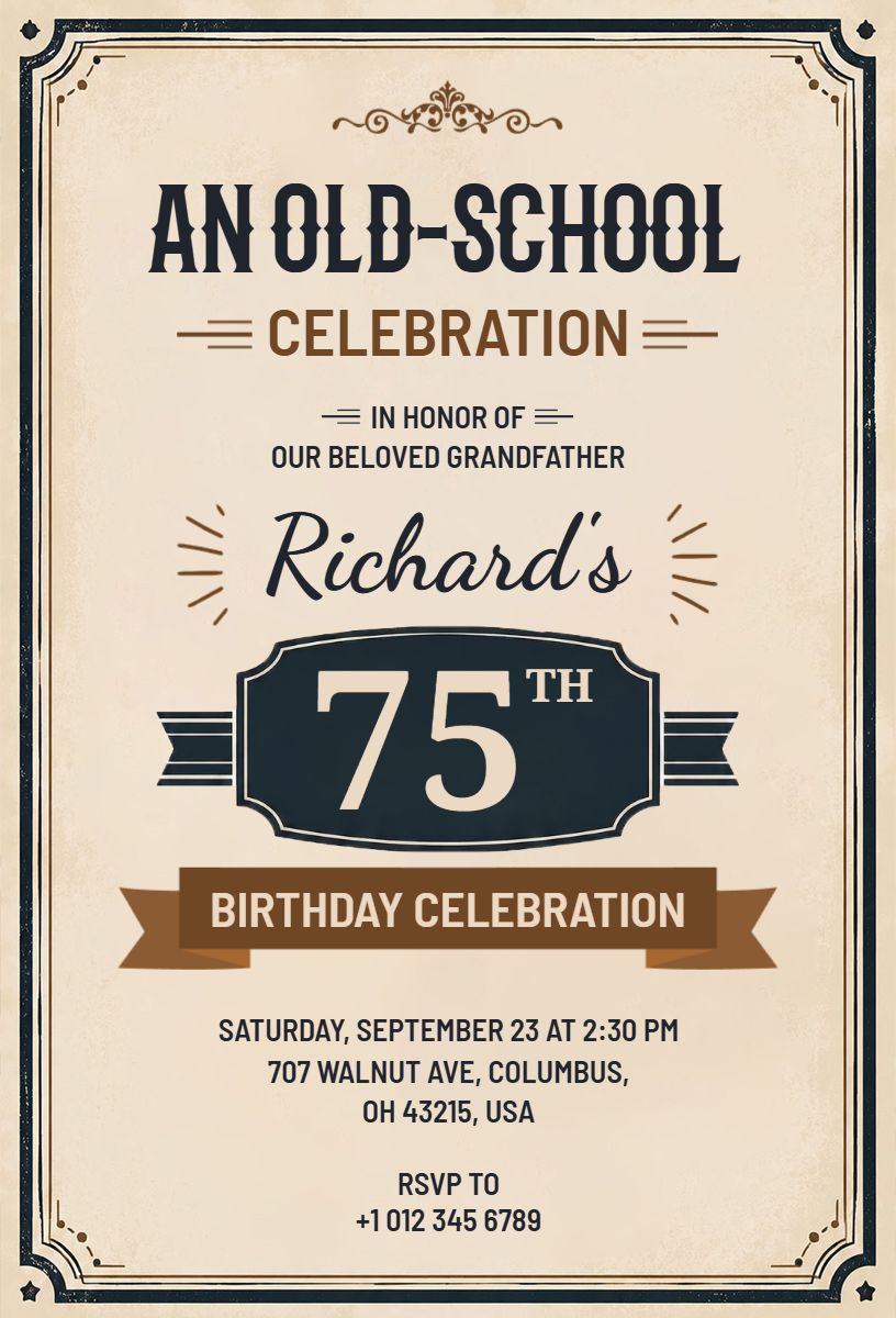 Vintage Old School 75th Birthday Celebration Invitation Template