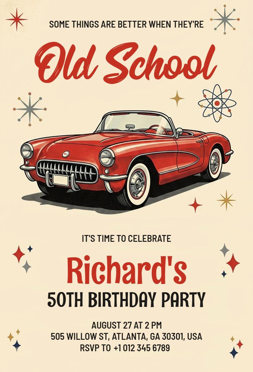 Vintage Old School Cars 50th Birthday Celebration Invitation Template