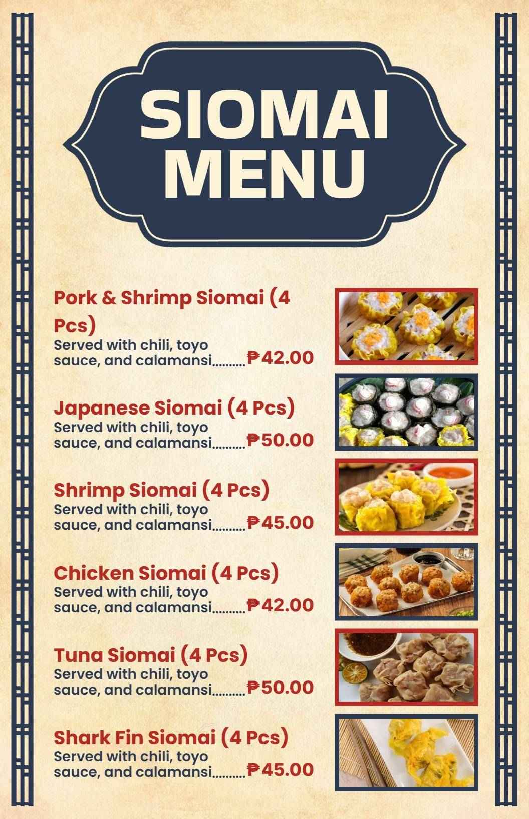 Vintage Patterned Design for Diverse Siomai Offerings Menu Template