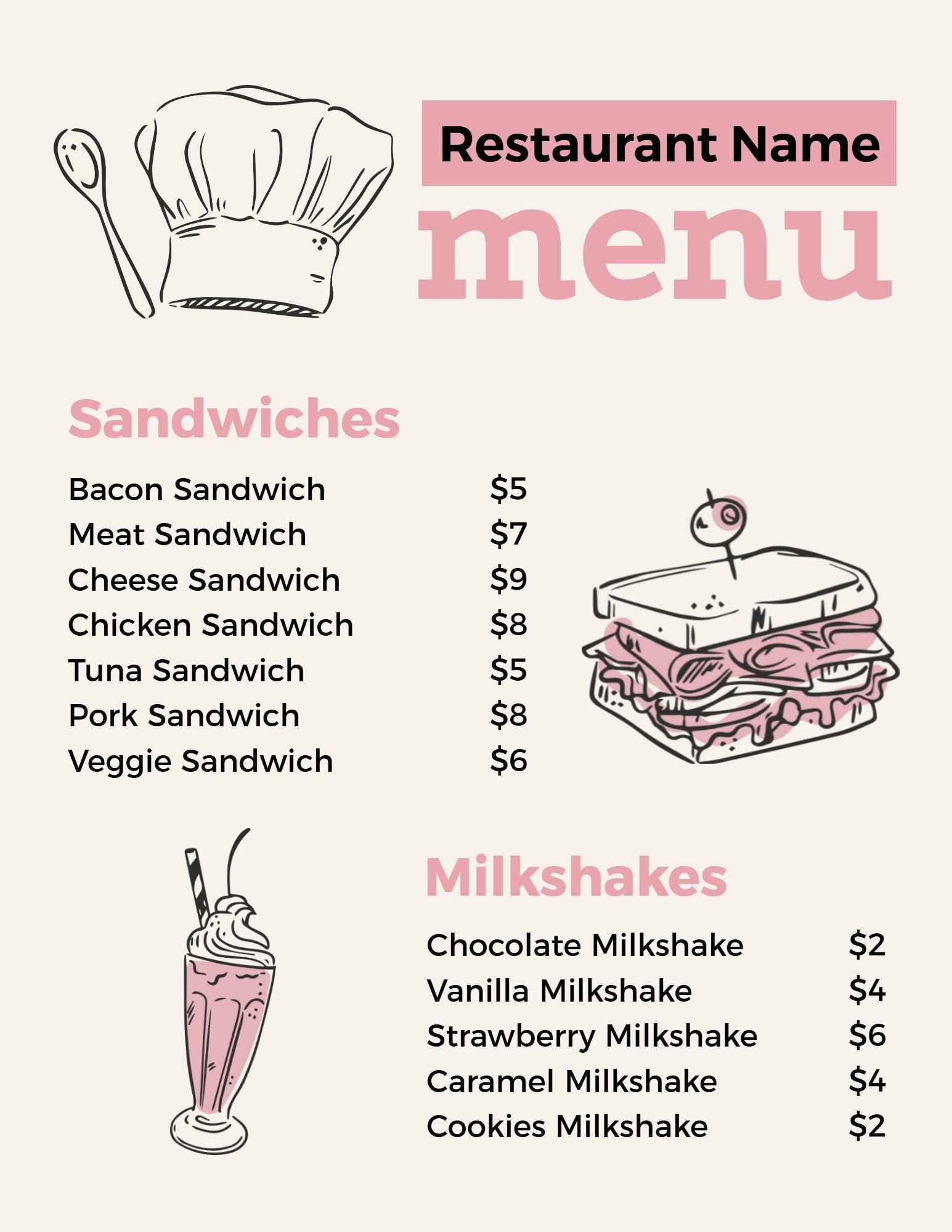 Vintage Pink Tones Gourmet Sandwiches and Shakes Menu Template