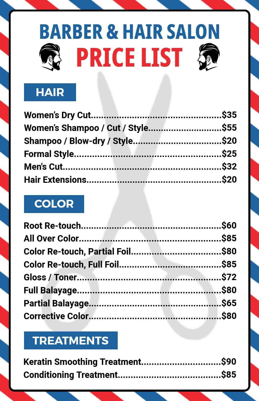 Vintage Red Blue Stripes Hair Salon Price List Template