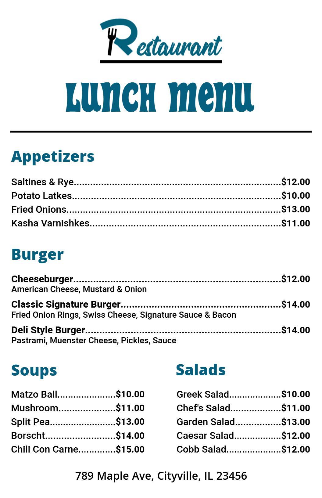 Vintage Style Blue Restaurant Lunch Menu Template