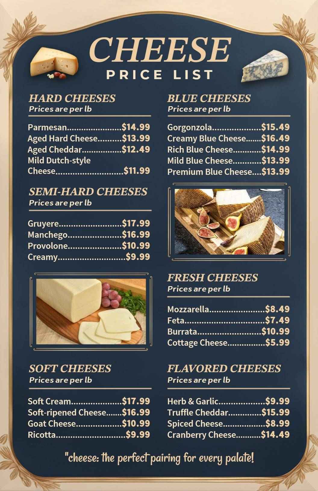 Vintage Style Cheese Variety Price List Template