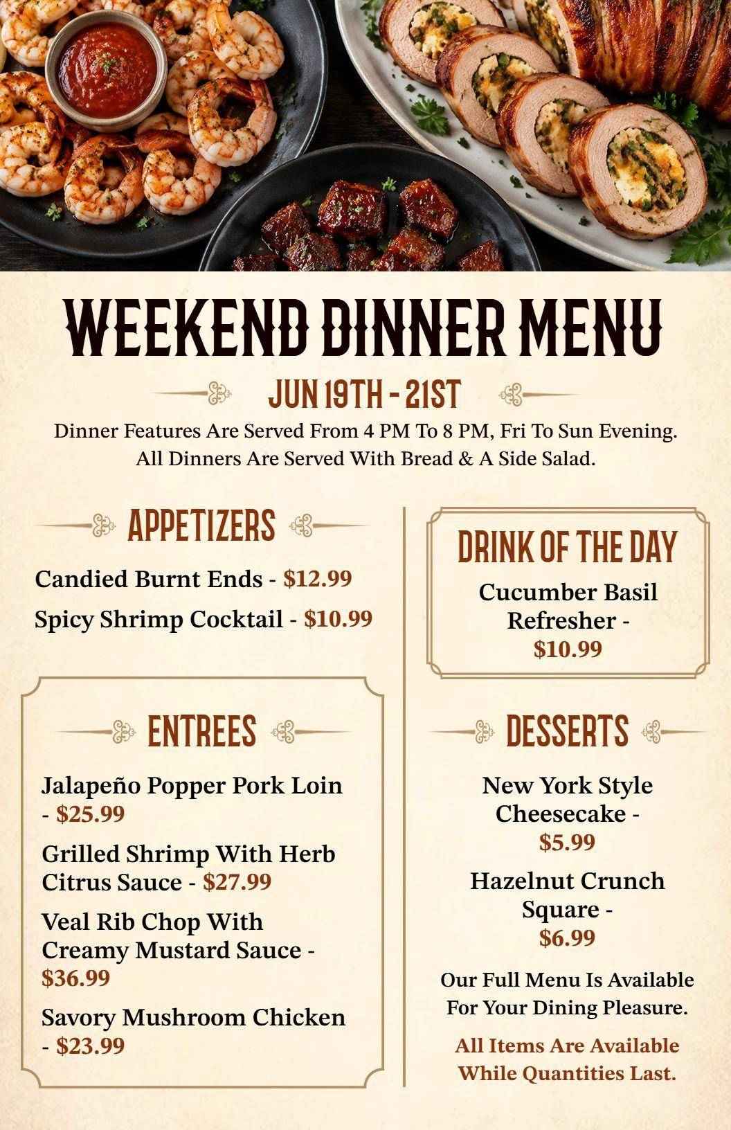 Vintage Style Gourmet Weekend Dinner Special Menu Template