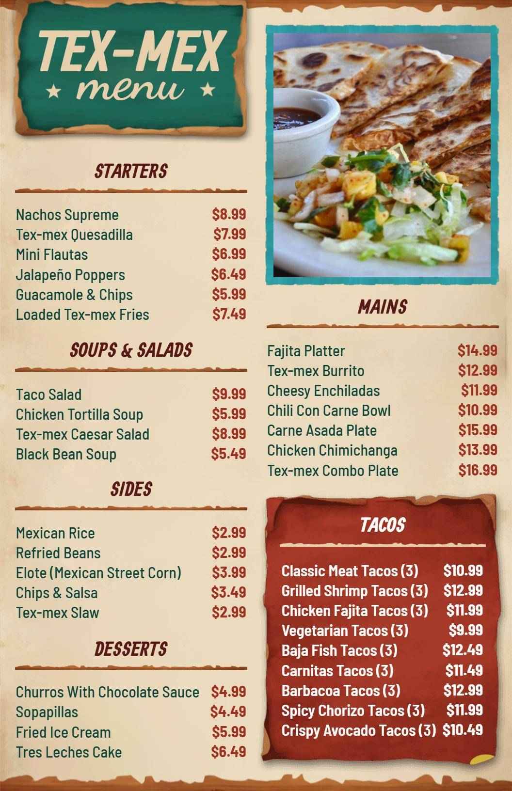 Vintage Style Tex-Mex Cuisine Dinner Menu Template