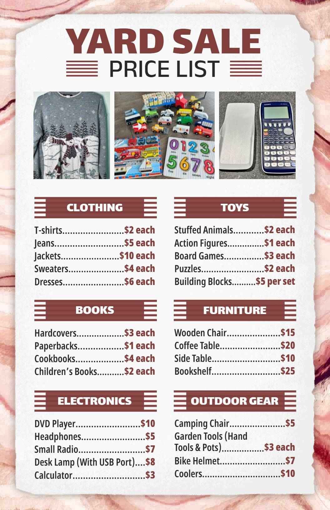 Vintage Style Yard Sale Price List Template