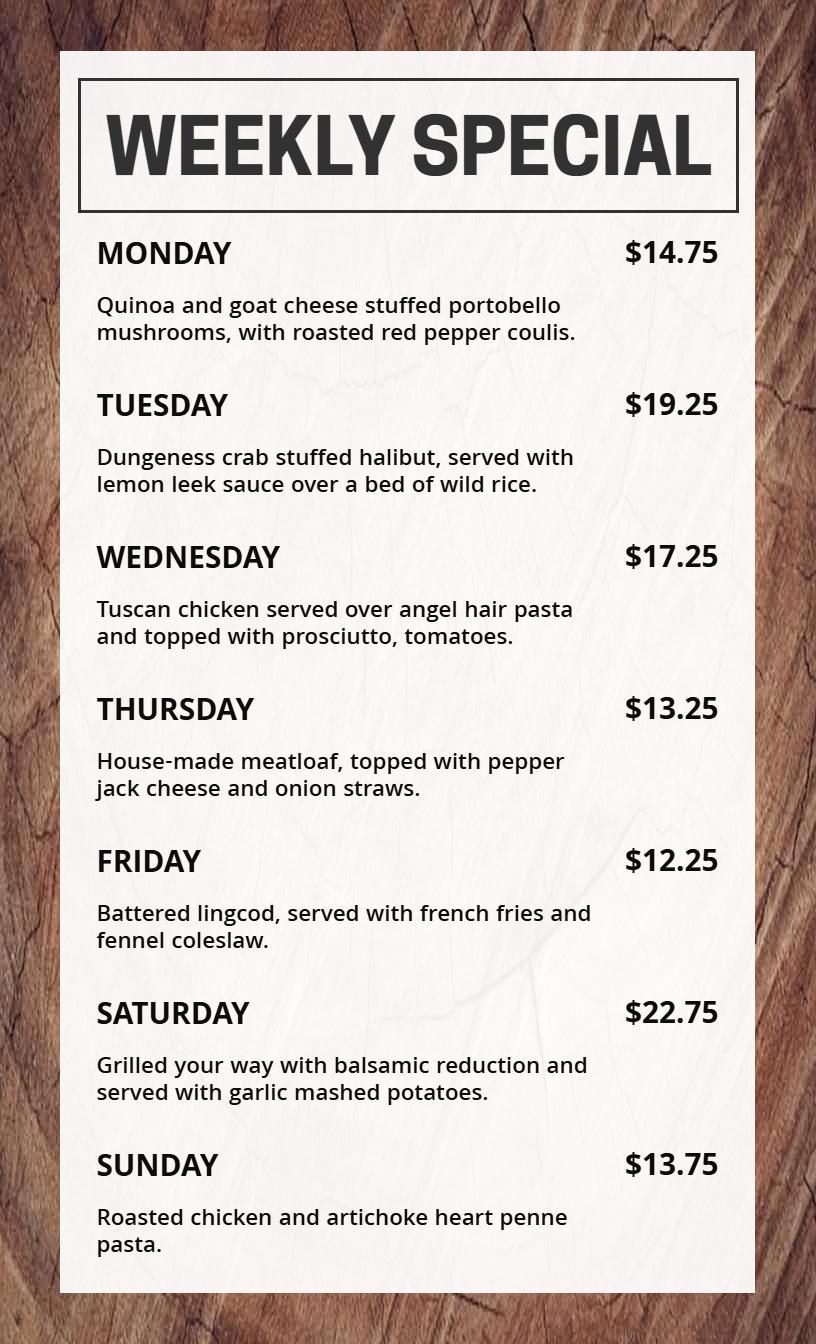 Vintage Wood Weekly Specials Menu Template