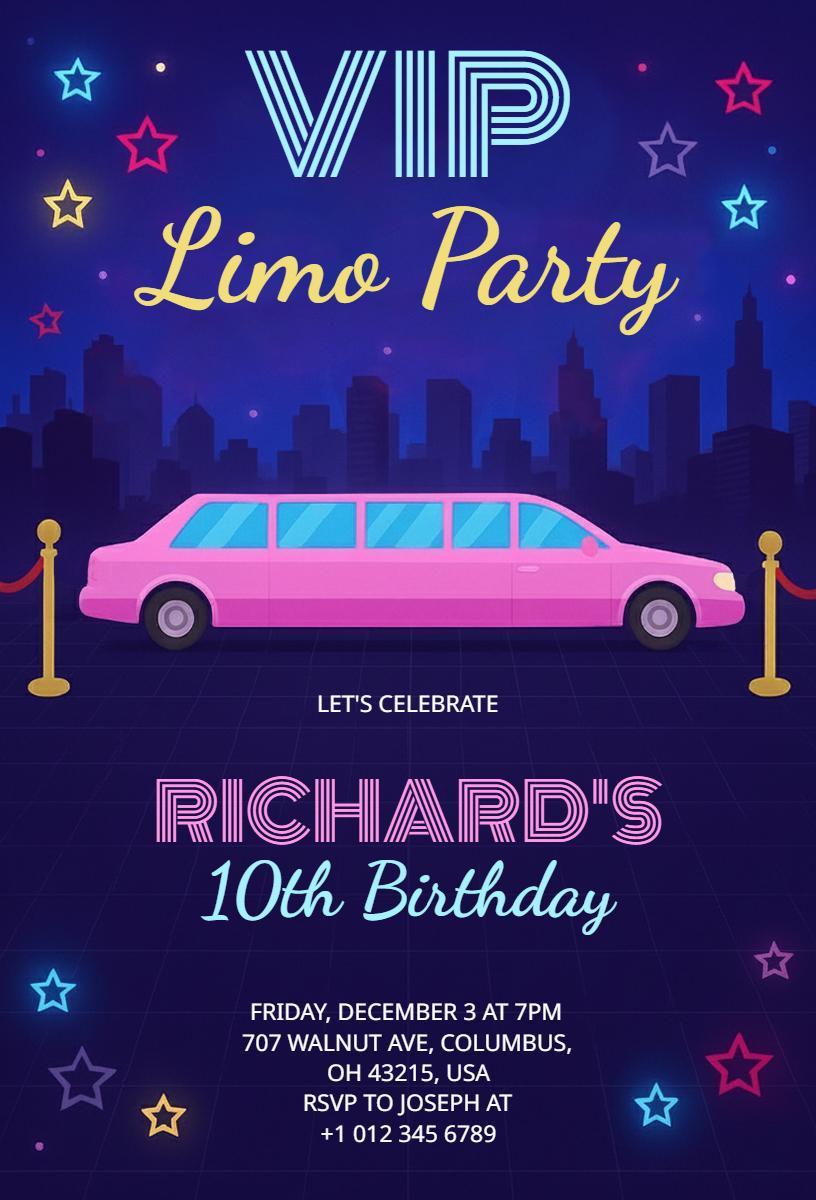 VIP Limousine Ride 10th Birthday Celebration Invitation Template