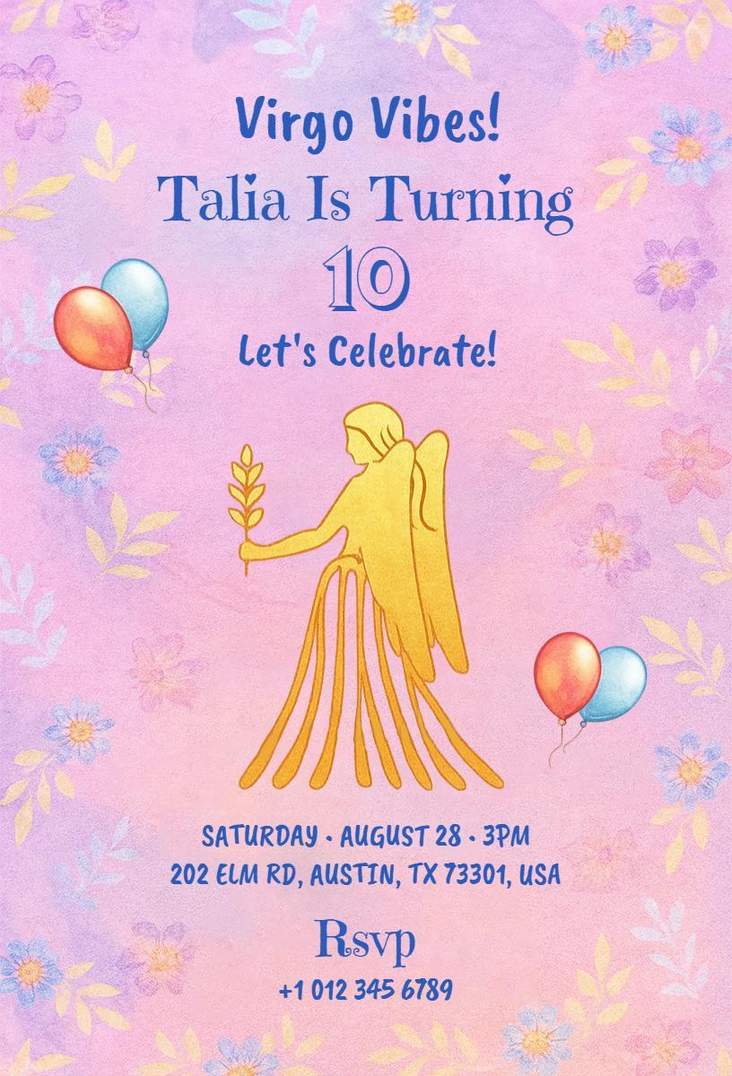 Virgo Vibes Colorful 10th Birthday Celebration Invitation Template