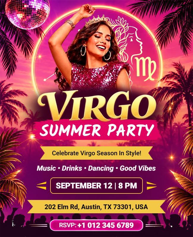 Virgo Zodiac Summer Party Celebration Flyer Template