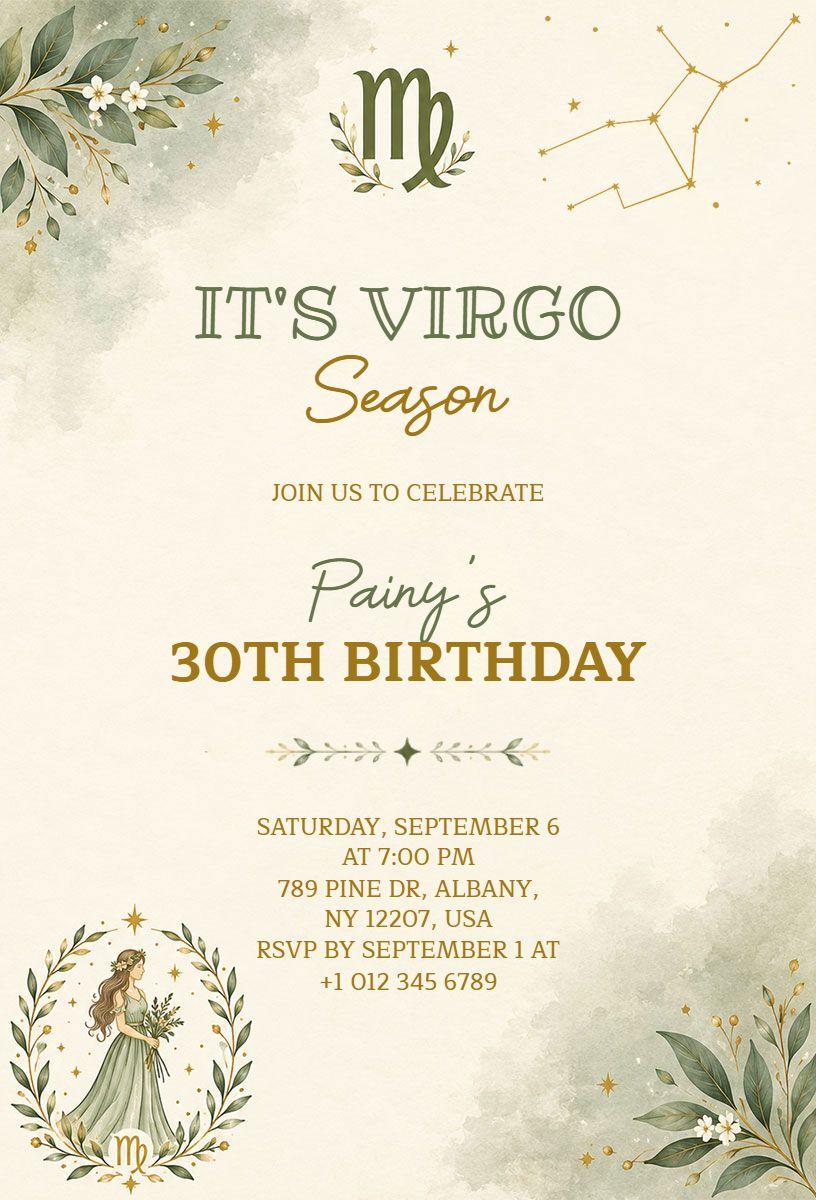 Virgo Zodiac Themed 30th Birthday Invitation Template