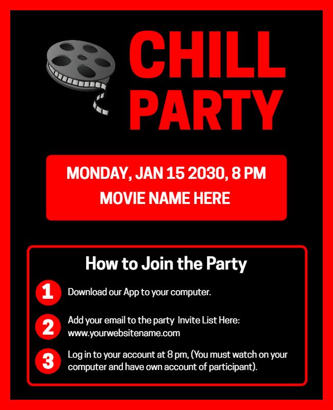 Virtual Movie Chill Party Invite Flyer Template