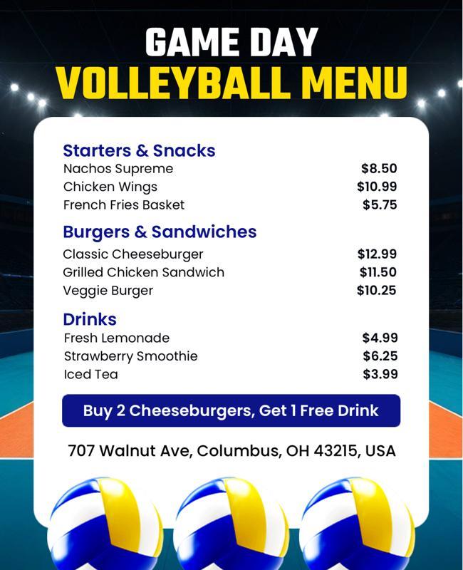 Volleyball Game Day Menu with Food Specials Flyer Template