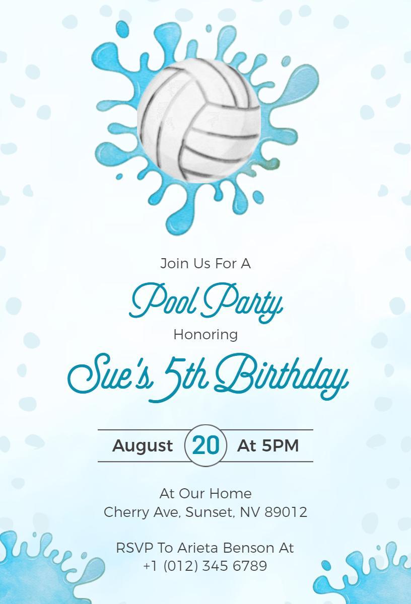 Volleyball Splash Pool Party Sports Birthday Invitation Template