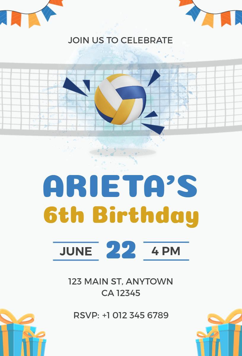 Volleyball Themed Fun Sports Birthday Celebration Invitation Template
