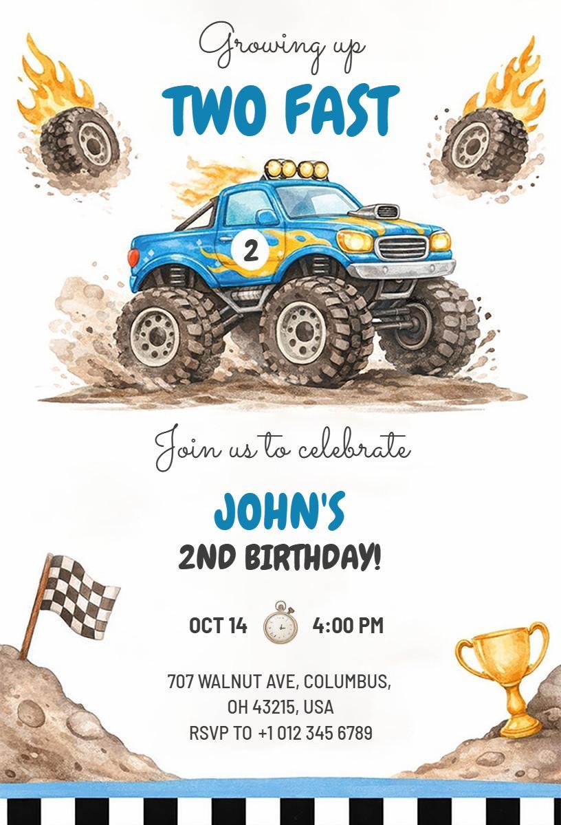 Vrooming Monster Truck Adventure Birthday Celebration Invitation Template