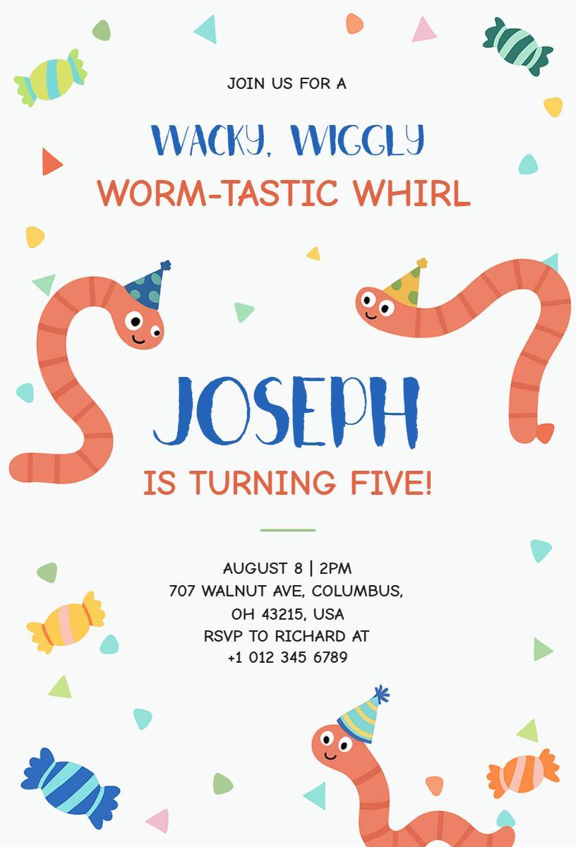 Wacky Wiggly Worm Birthday Celebration Invitation Template