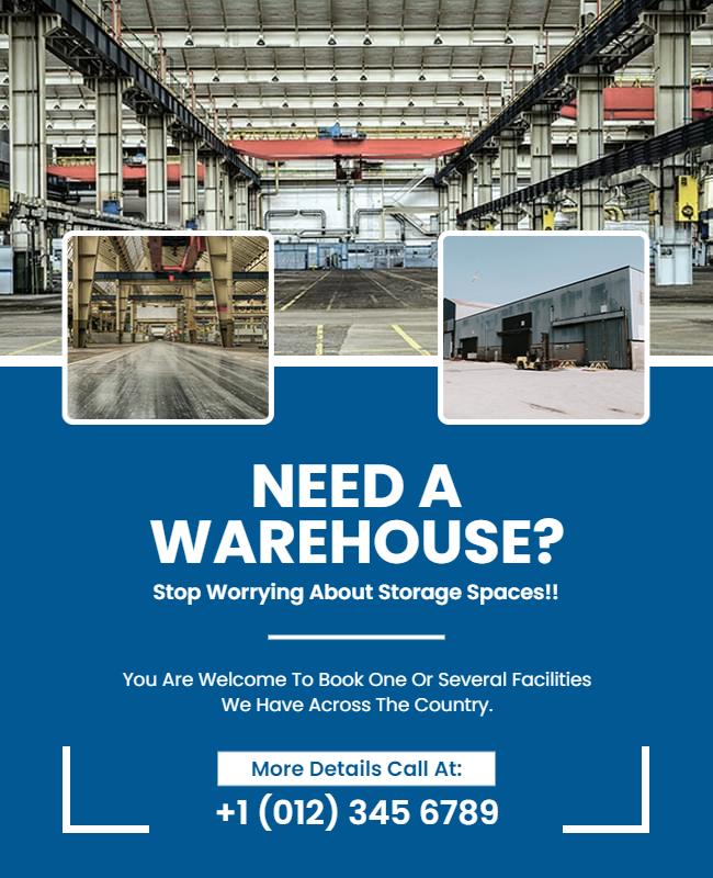 Industrial Blue Warehouse Rental Services Flyer Template