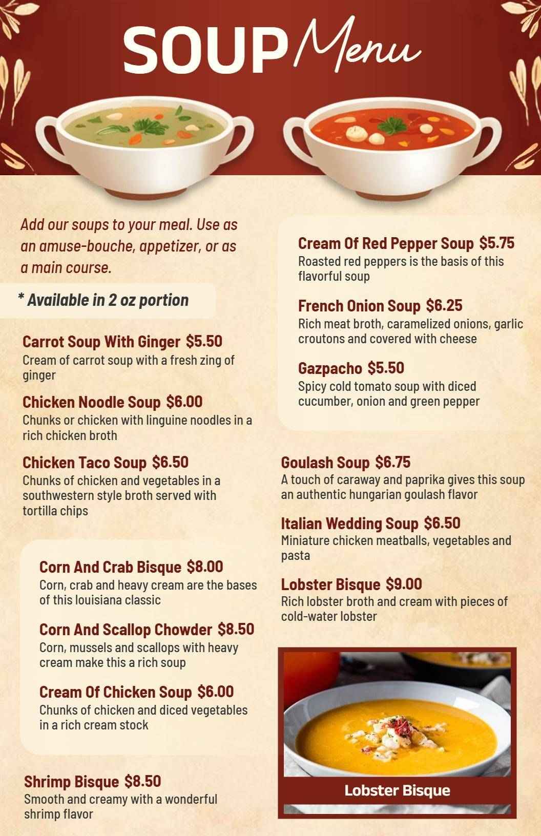 Warm and Flavorful Soup Varieties Featuring Unique Recipes Soup Menu Template