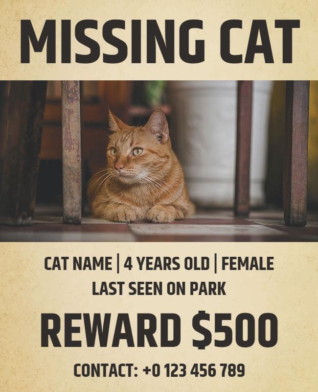 Warm Beige Missing Cat Reward Flyer Template