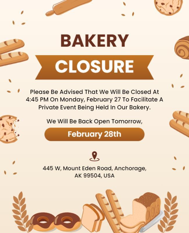 Warm Brown Bakery Closure Announcement Poster Template