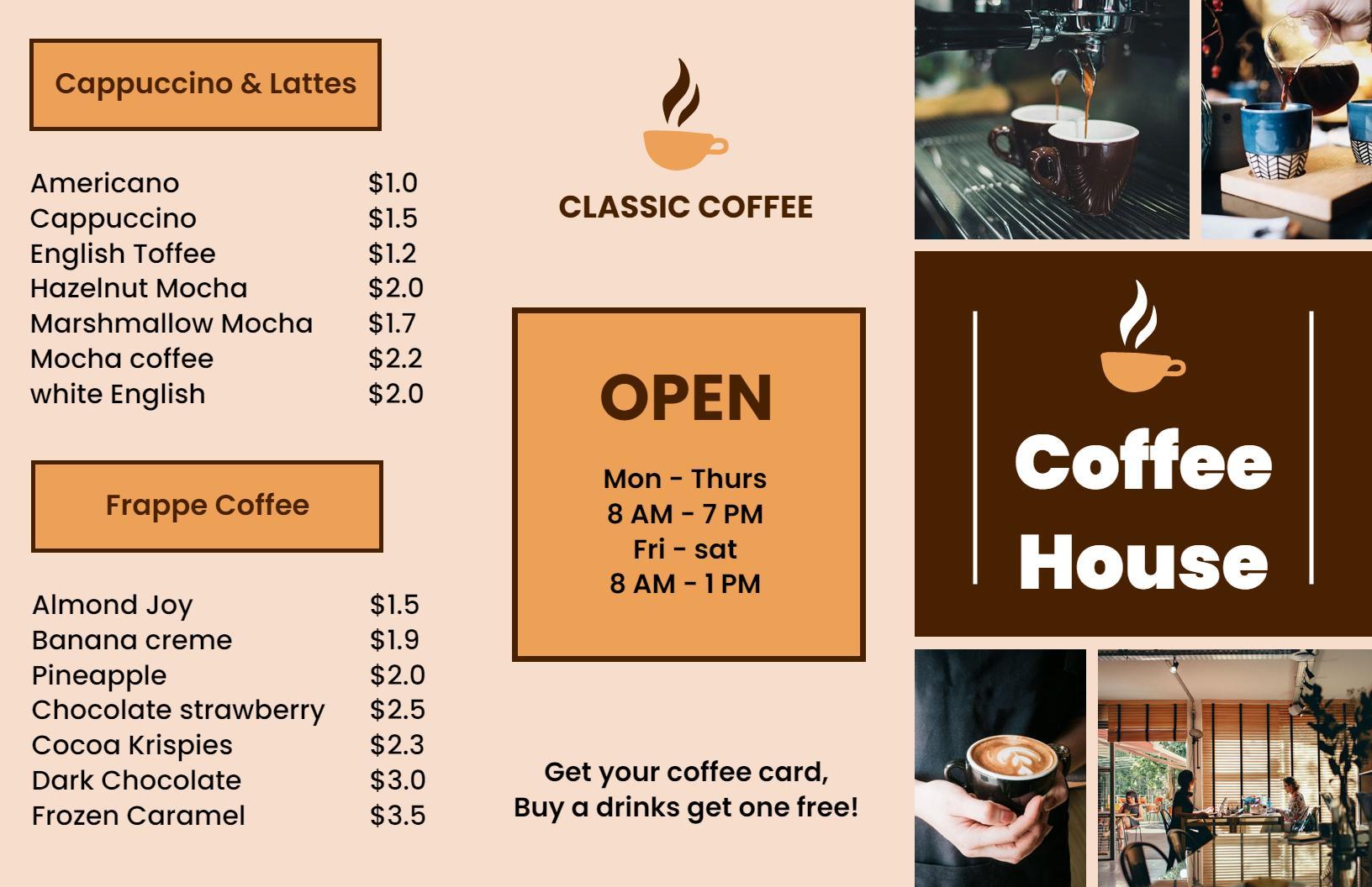 Warm Brown Coffee Shop Classic Menu and Special Offers Brochure Template