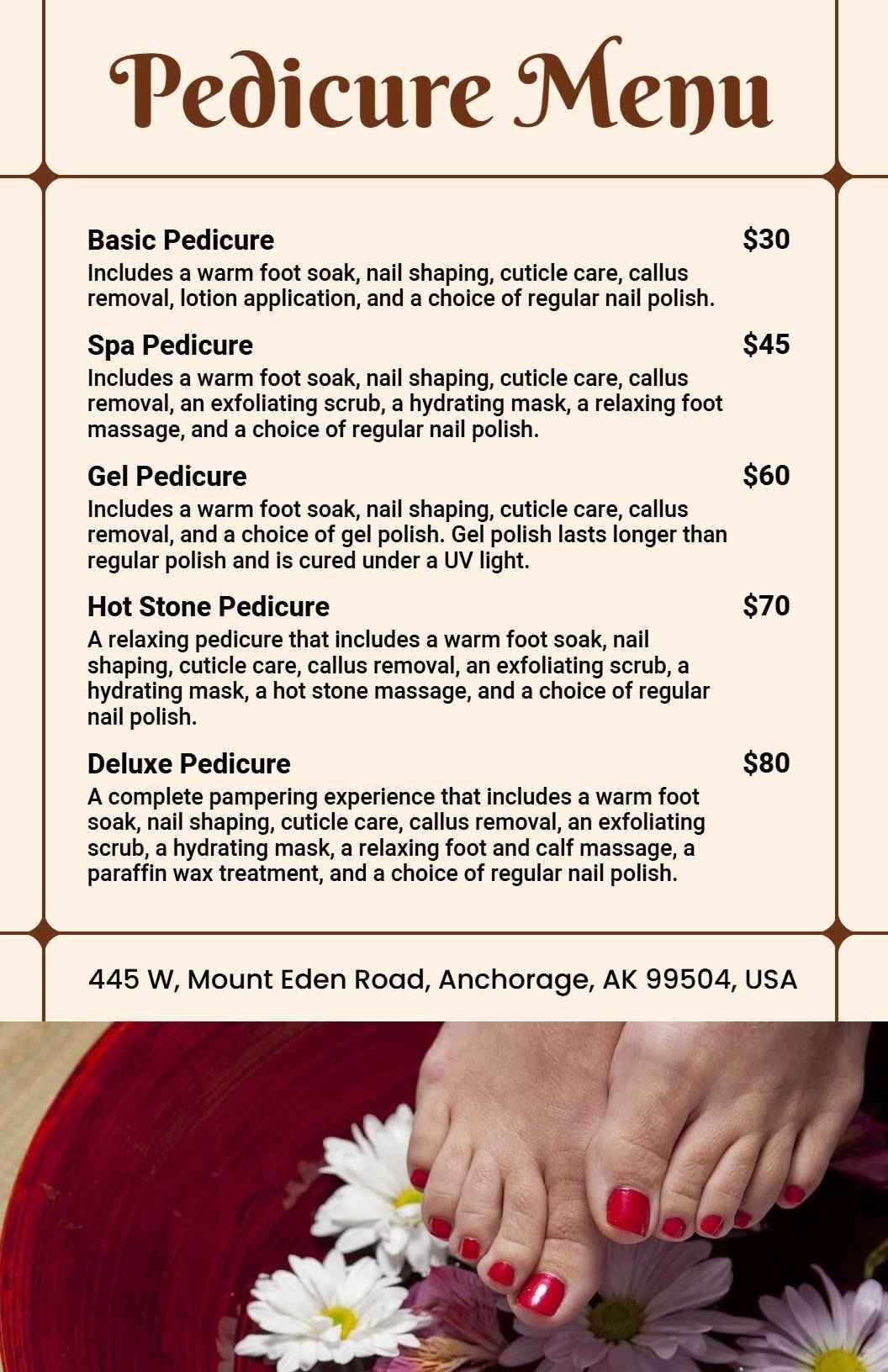 Warm Brown Deluxe Pedicure Treatment Menu Template