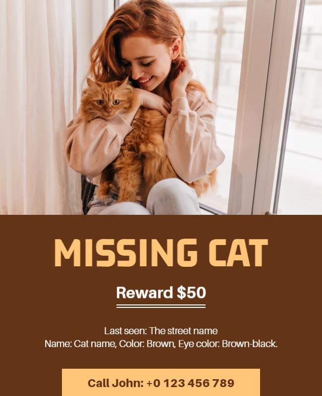 Warm Brown Modern Missing Cat Alert Poster Template